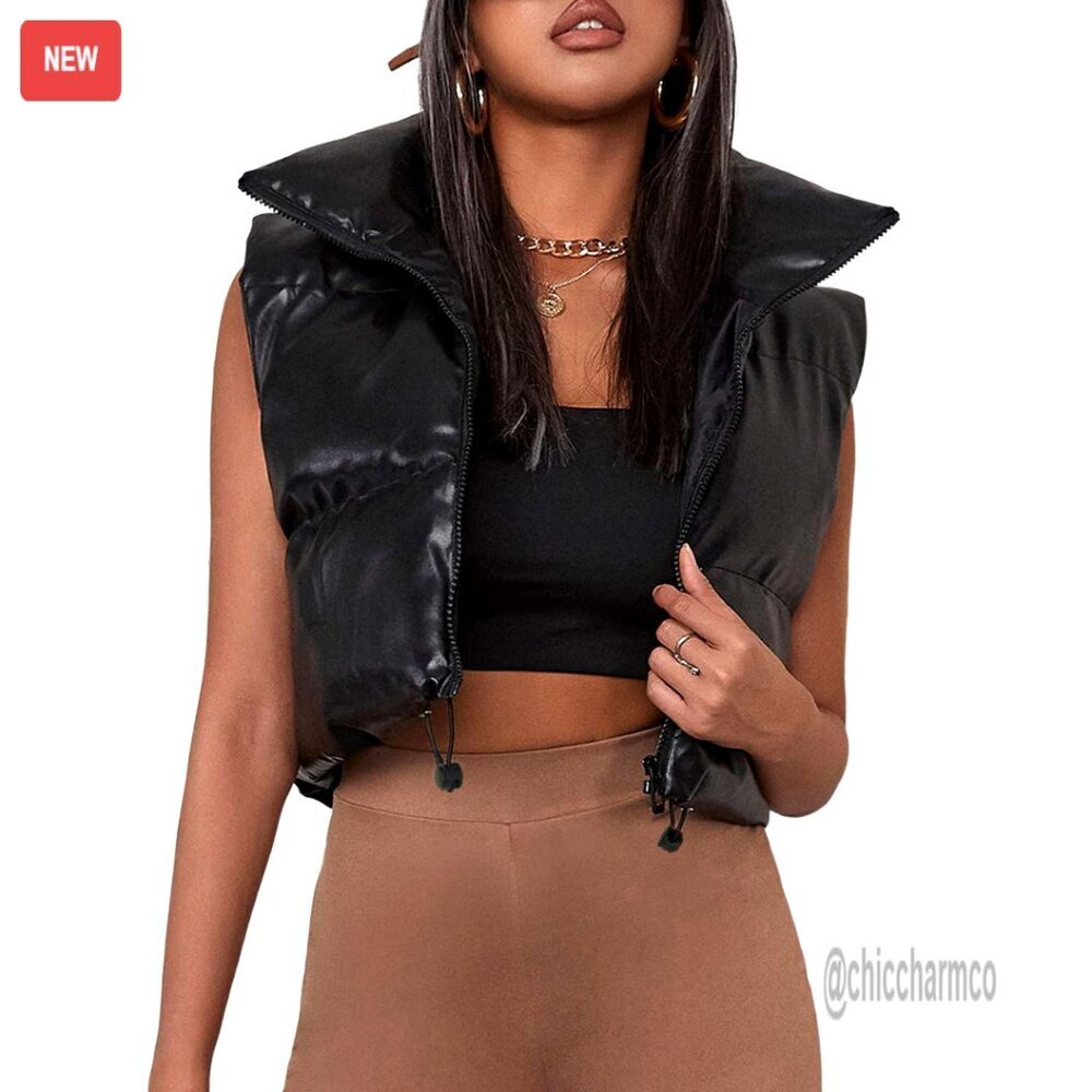 PU Leather Cropped Puffer Vest Faux Leather Zip Up Sleeveless Jacket Chic
